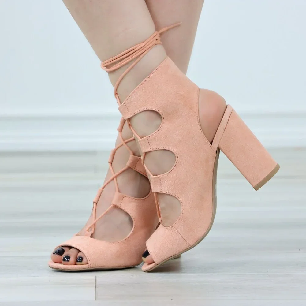 Peach Lace-Up Heels Cutout Open Toe Chunky Heel Sandals Faux Suede